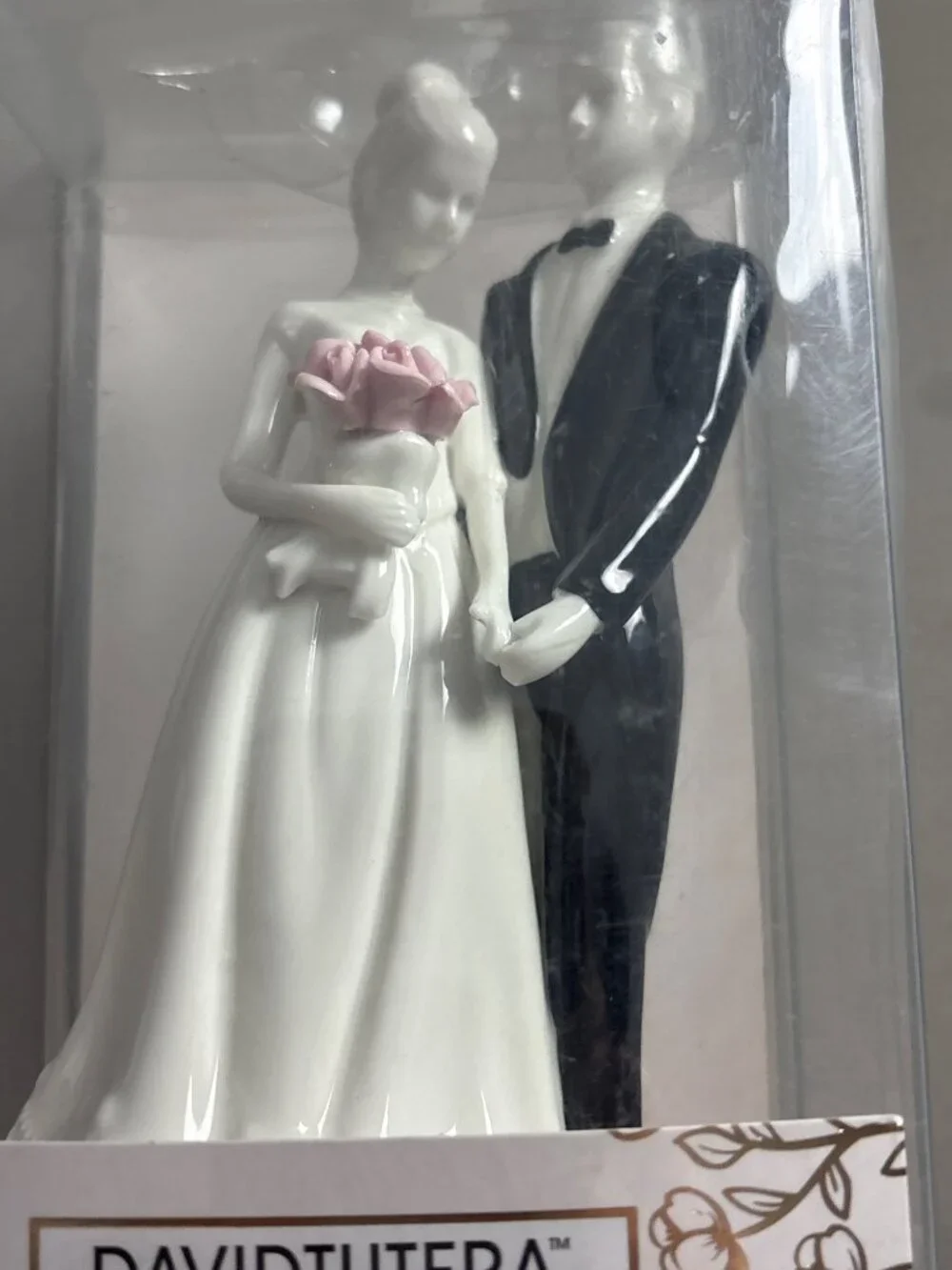 David Tutera Bride & Groom Wedding Cake Topper Figurine Pink & White Roses